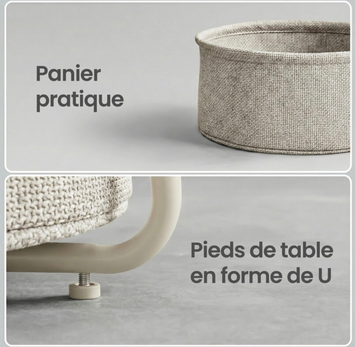 Table d'appoint ronde
45 x 50 cm avec panier en tissu, pieds en acier, Beige naturel