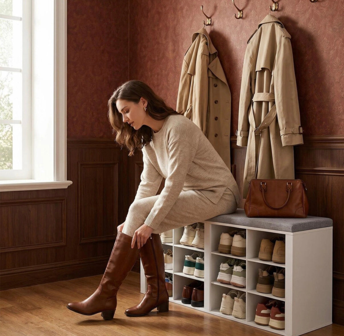 Banc à chaussures avec assise, meuble à chaussures avec banc et 12 compartiments, banc d'entrée avec étagères réglables pour le salon, la chambre ou le couloir, blanc et gris