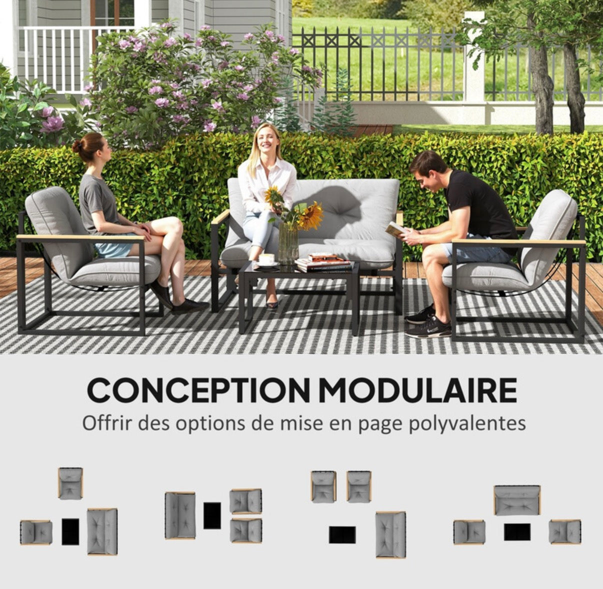 Salon de jardin extérieur 4 personnes, 4 pièces avec canapé, 2 fauteuils et table basse en verre trempé, coussins inclus, mobilier de jardin patio balcon terrasse