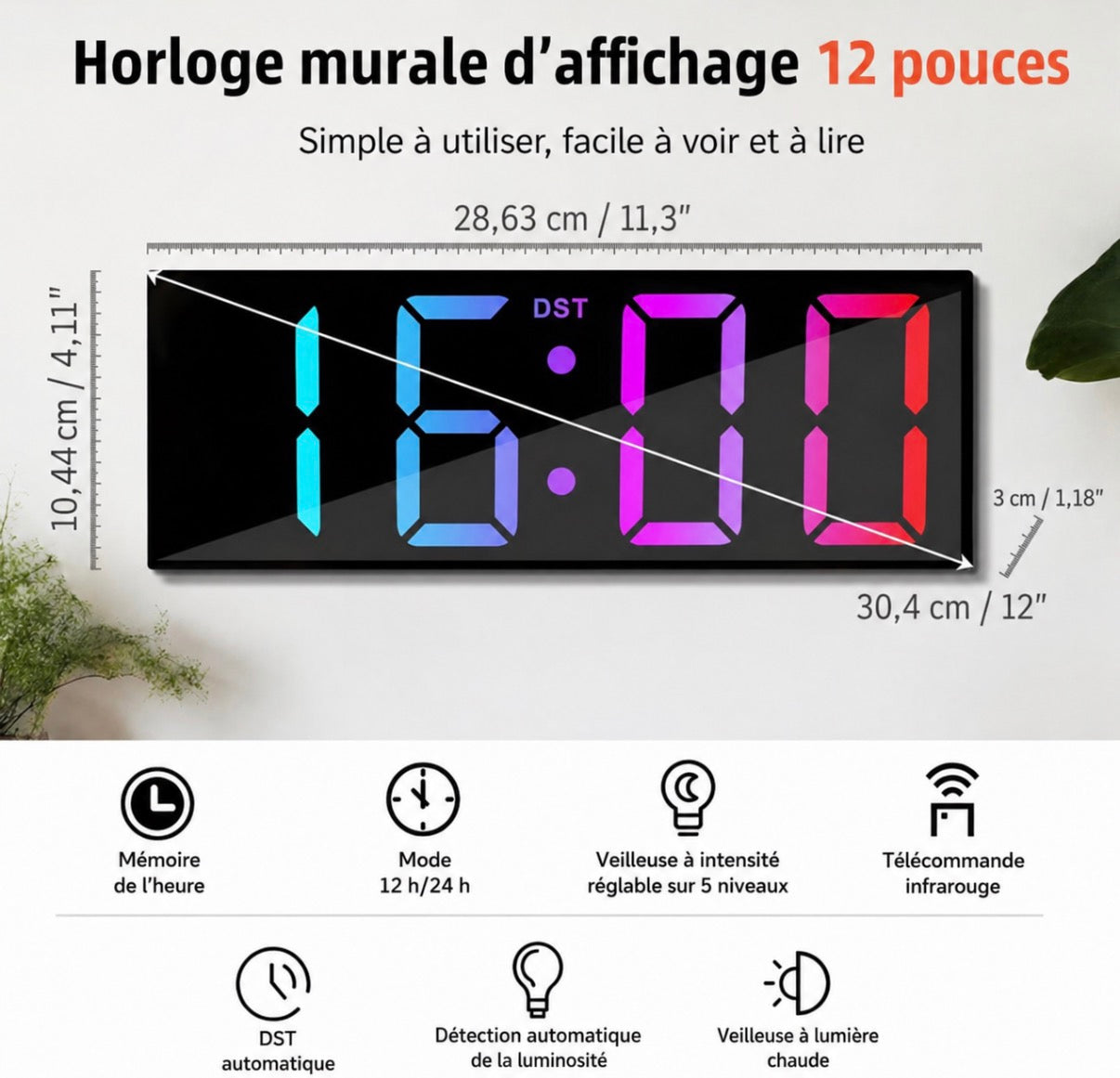 Horloge numérique 12 pouces