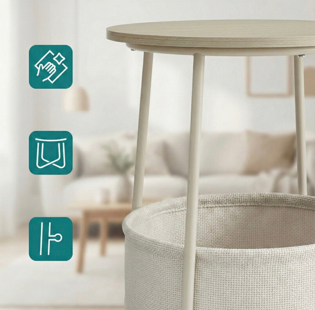 Table d'appoint ronde
45 x 50 cm avec panier en tissu, pieds en acier, Beige naturel