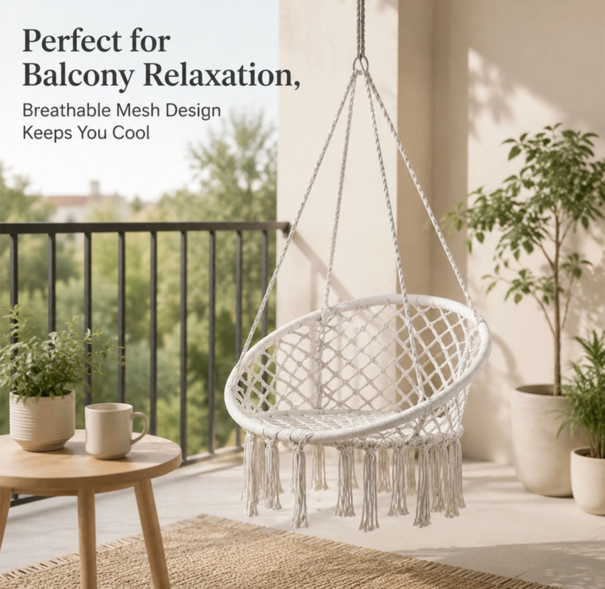Chaise hamac suspendue avec base et dossier en corde tressée - Beige
