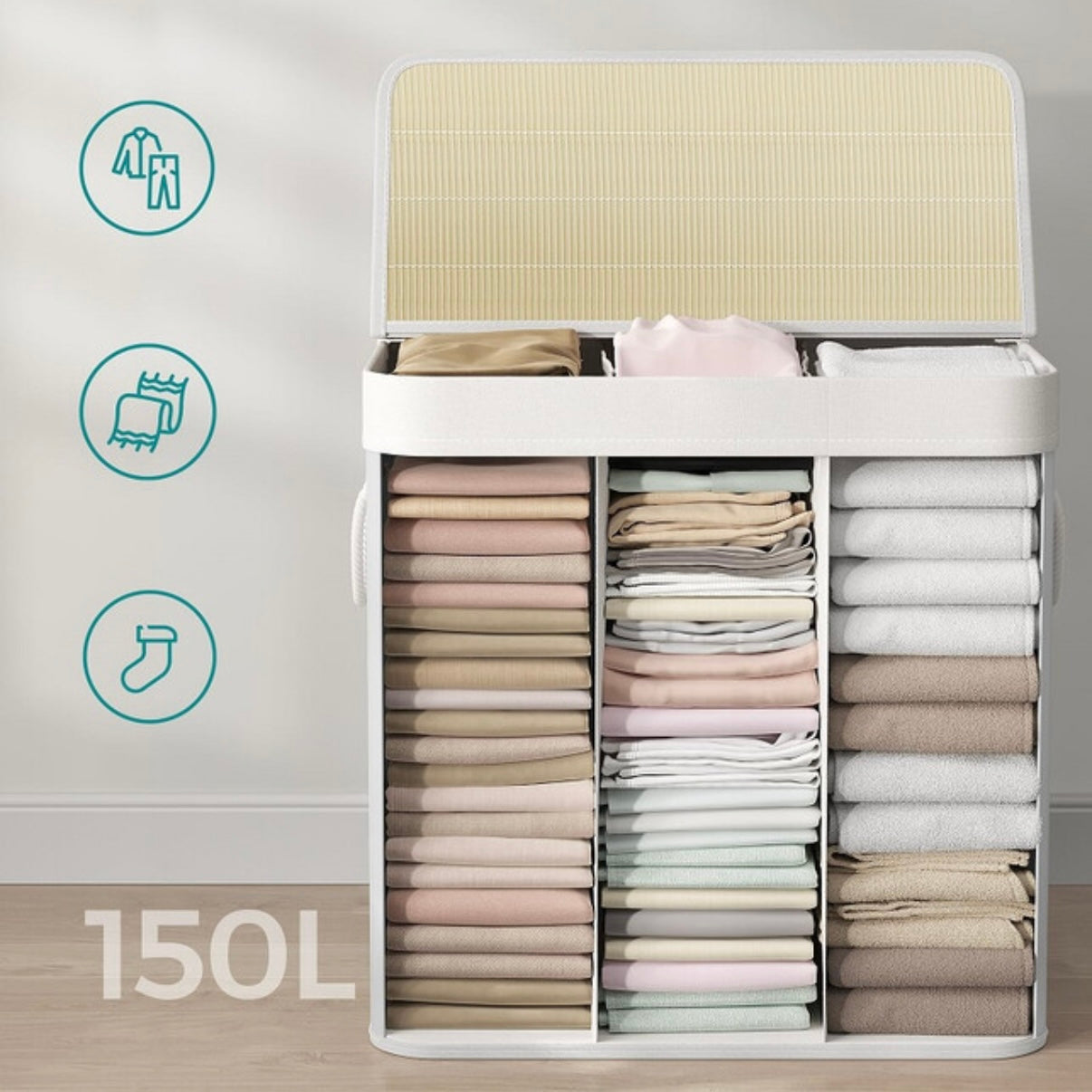 Panier à linge 150L en bambou avec couvercle et 3 compartiments