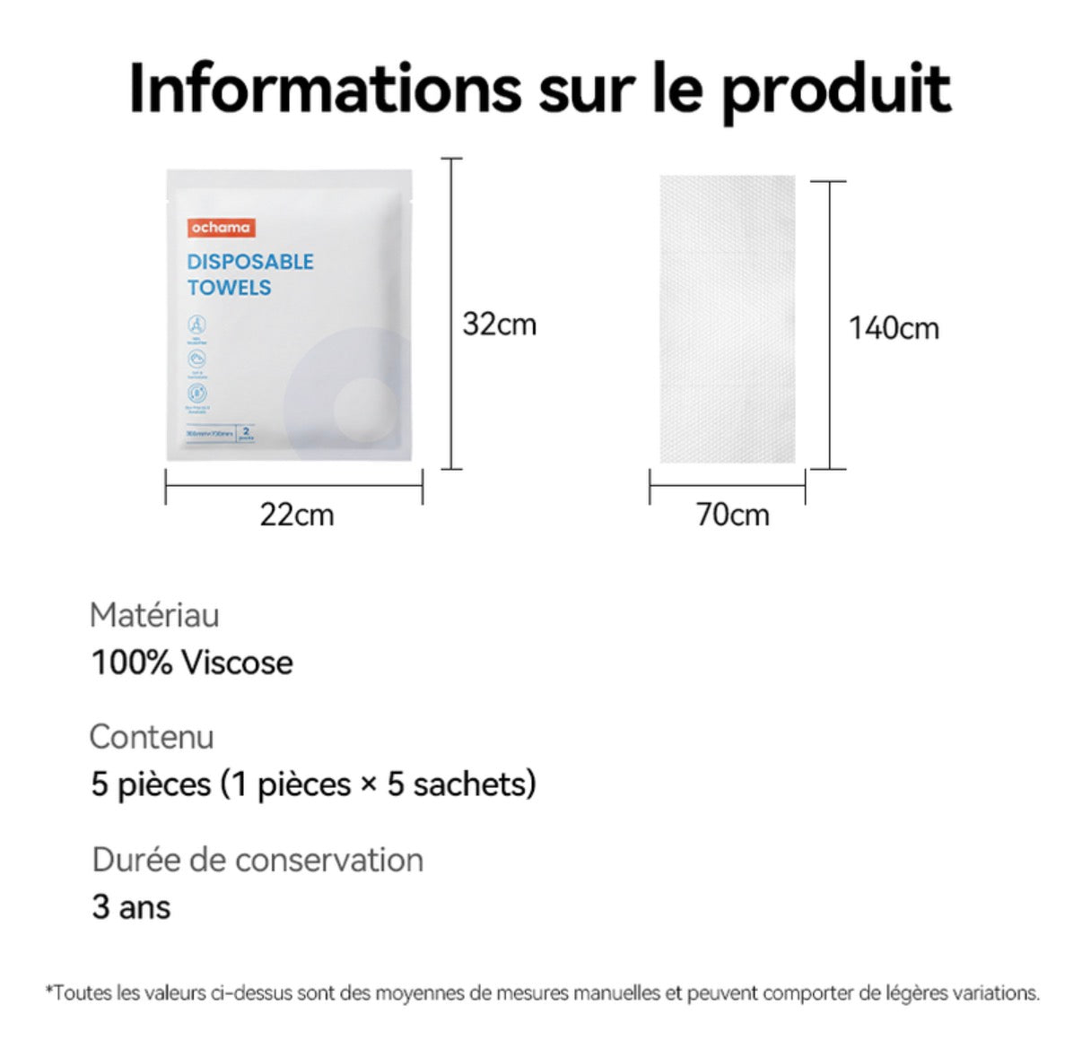 Serviettes de bain jetables, 70×140 cm, lot de 5 (1 serviette par sachet individuel)
Indispensables pour voyages et déplacements professionnels