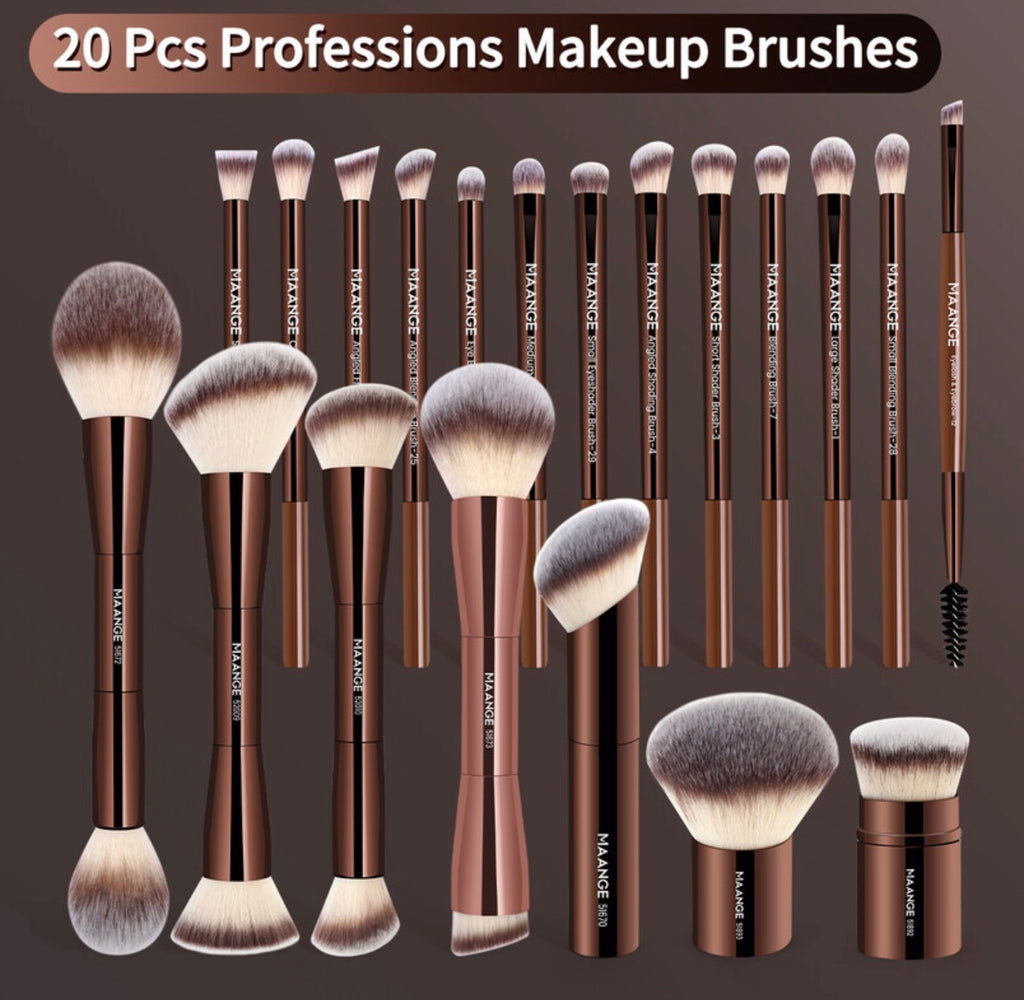 Lot de 20 pinceaux à maquillage en aluminium de qualité professionnelle avec pochette de rangement