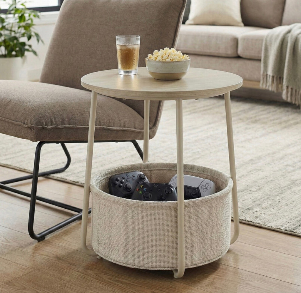 Table d'appoint ronde
45 x 50 cm avec panier en tissu, pieds en acier, Beige naturel