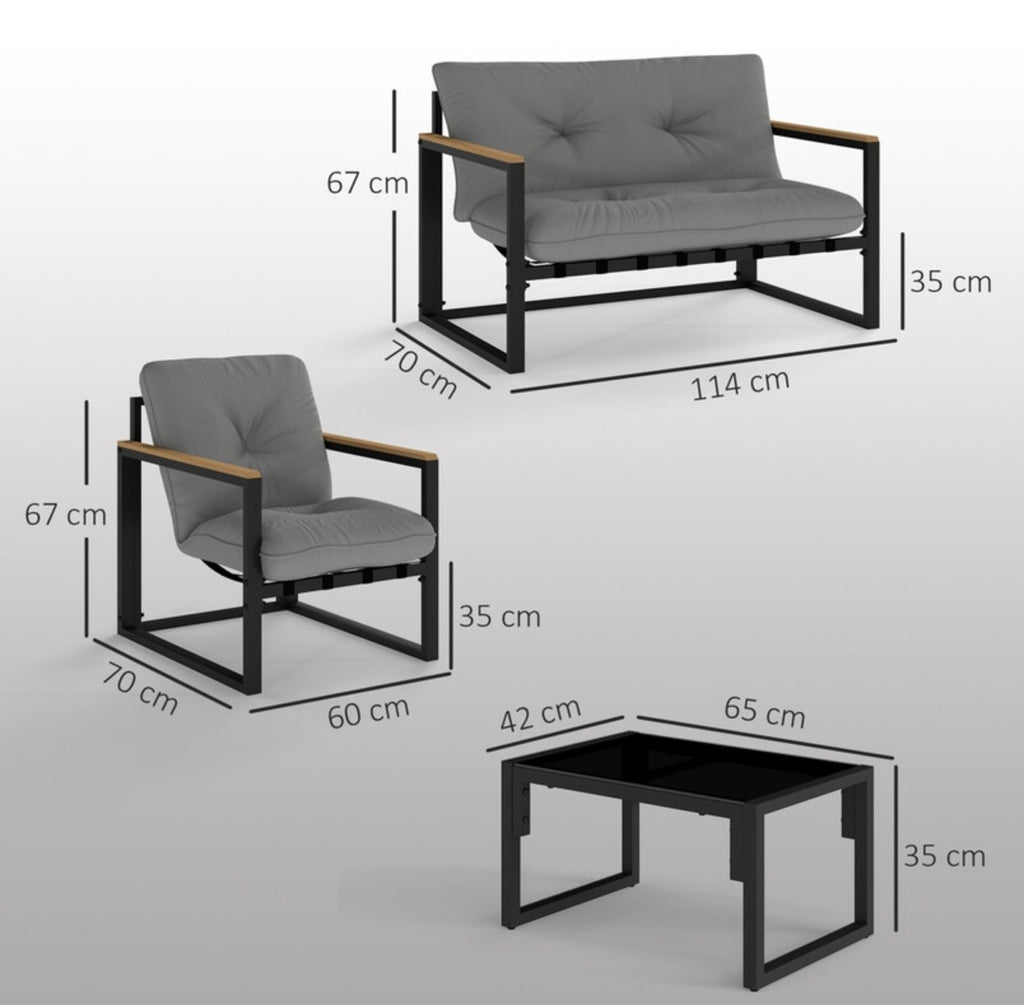 Salon de jardin extérieur 4 personnes, 4 pièces avec canapé, 2 fauteuils et table basse en verre trempé, coussins inclus, mobilier de jardin patio balcon terrasse