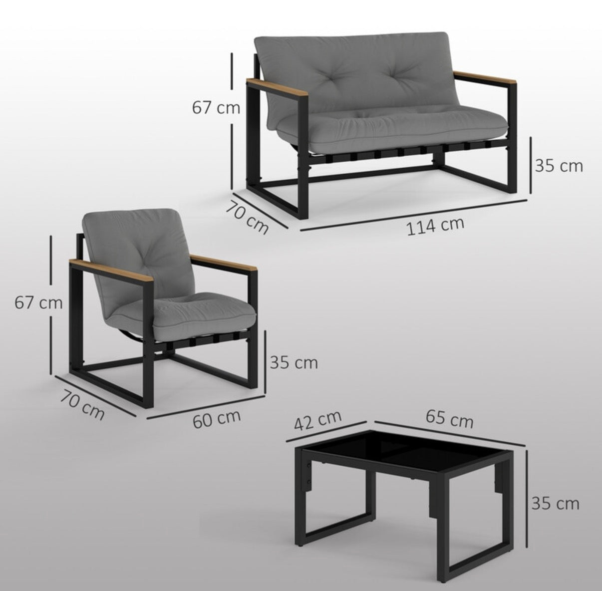 Salon de jardin extérieur 4 personnes, 4 pièces avec canapé, 2 fauteuils et table basse en verre trempé, coussins inclus, mobilier de jardin patio balcon terrasse