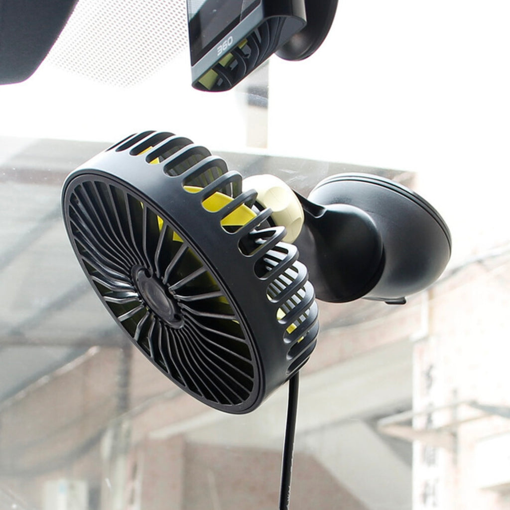 Ventilateur de voiture rotatif à 360° avec ventouse puissante, alimentation USB, 5 pales, 3 vitesses réglables, fixation tableau de bord et pare-brise