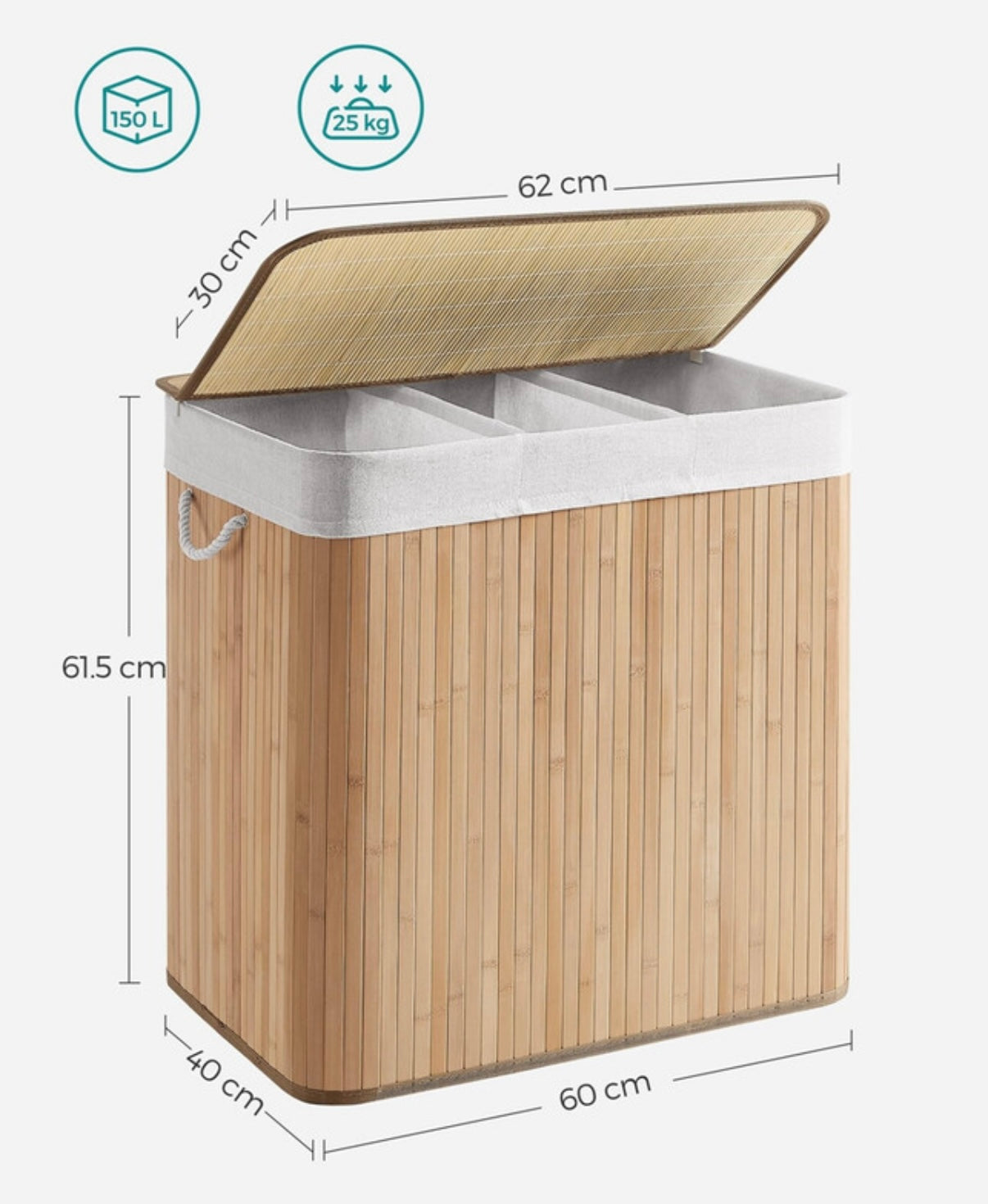 Panier à linge 150L en bambou avec couvercle et 3 compartiments