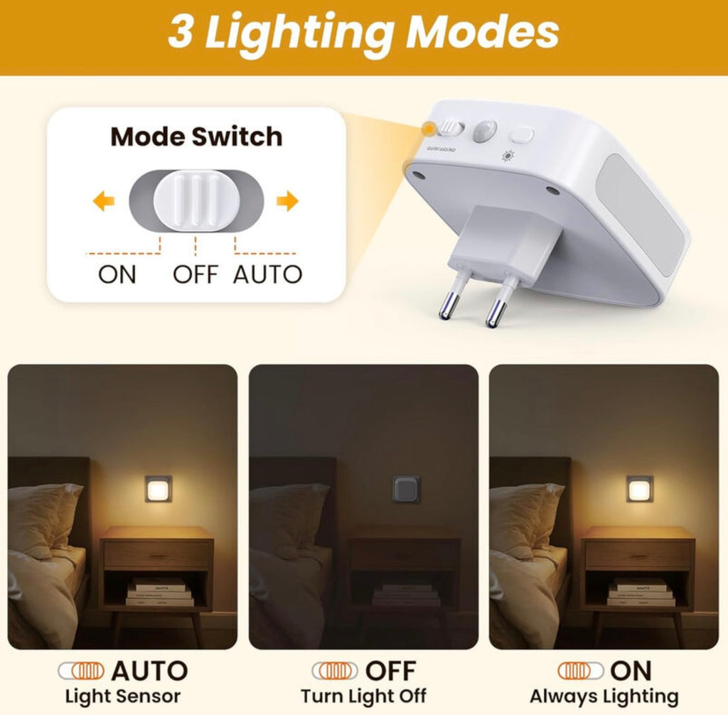 Lot de 2 veilleuses lumineuses avec capteur lumineux, économe en énergie, blanc chaud, éclairage dimmable continu, 0,3 W, 110-240
V, ABS et métal