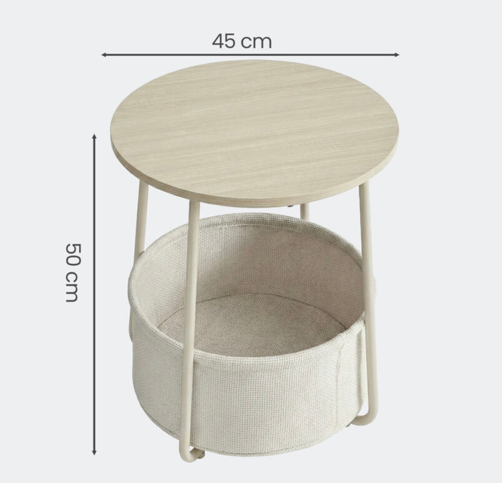 Table d'appoint ronde
45 x 50 cm avec panier en tissu, pieds en acier, Beige naturel