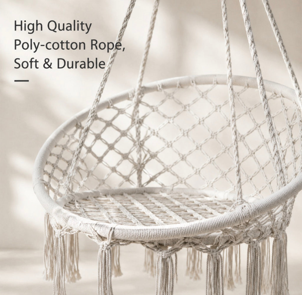 Chaise hamac suspendue avec base et dossier en corde tressée - Beige
