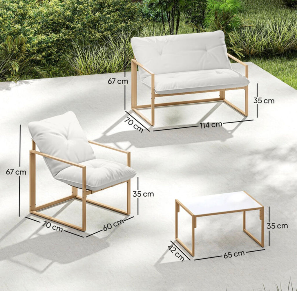 Salon de jardin extérieur 4 pièces avec coussins ultra-épais 15cm - ensemble mobilier de jardin et salon bas pour terrasse
- canapé 2 places avec table basse et 2 fauteuils, cadre acier kaki
