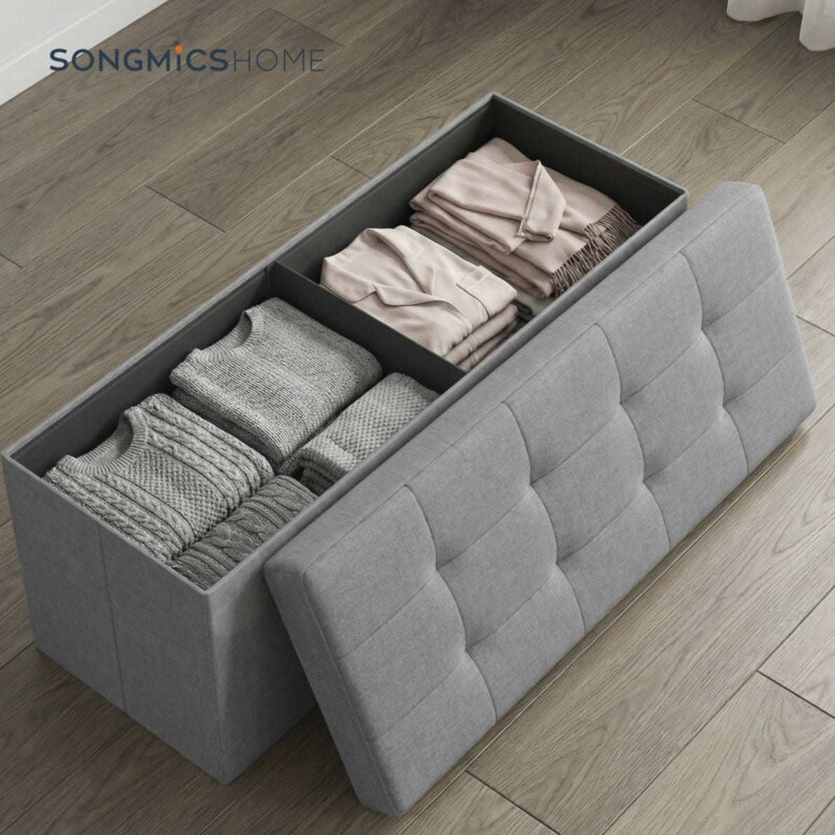 Banc de Rangement
Pliable, Longueur 110 cm, Montage Facile, pour Salon, Chambre, Entrée, Gris Clair