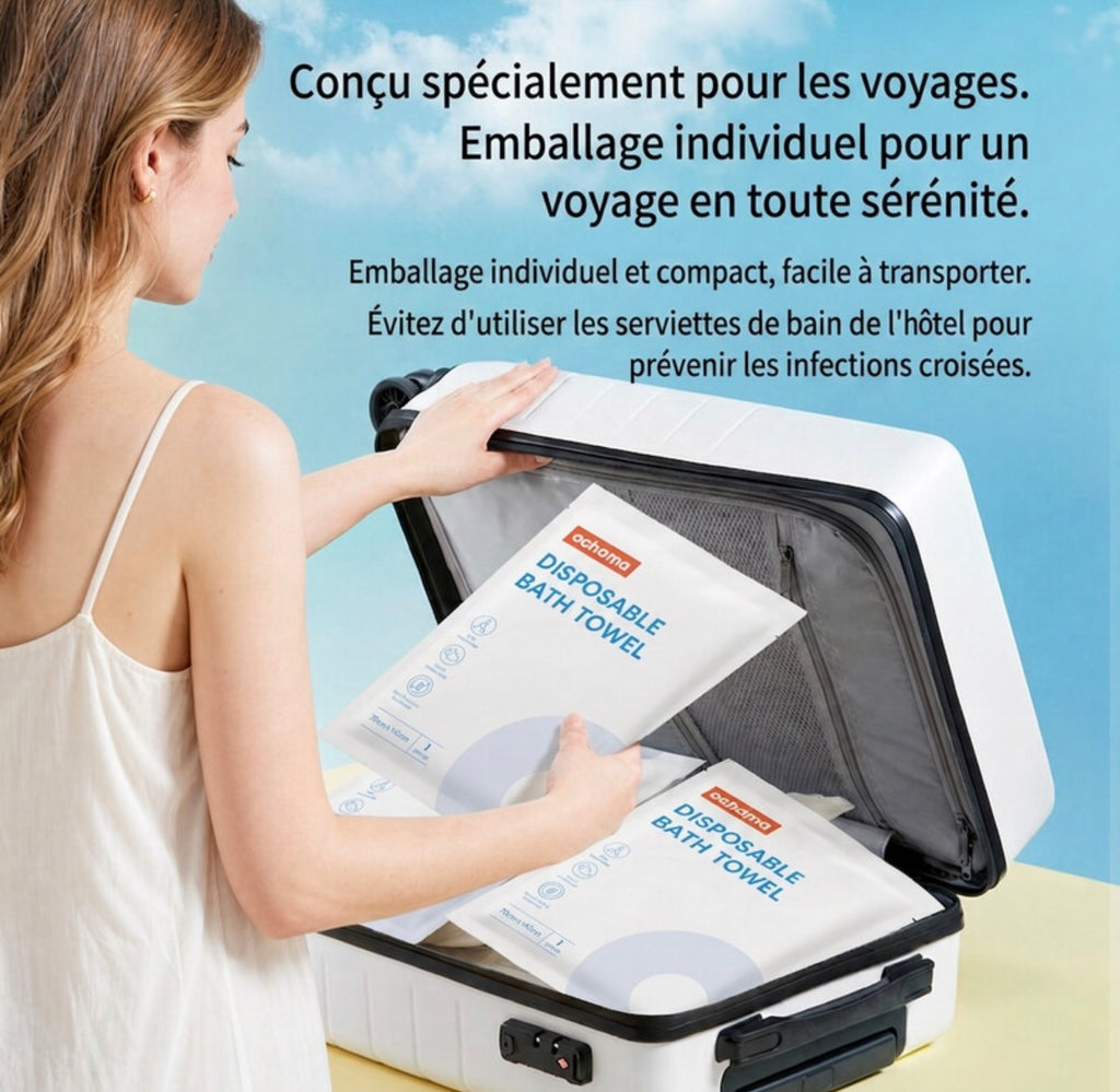 Serviettes de bain jetables, 70×140 cm, lot de 5 (1 serviette par sachet individuel)
Indispensables pour voyages et déplacements professionnels