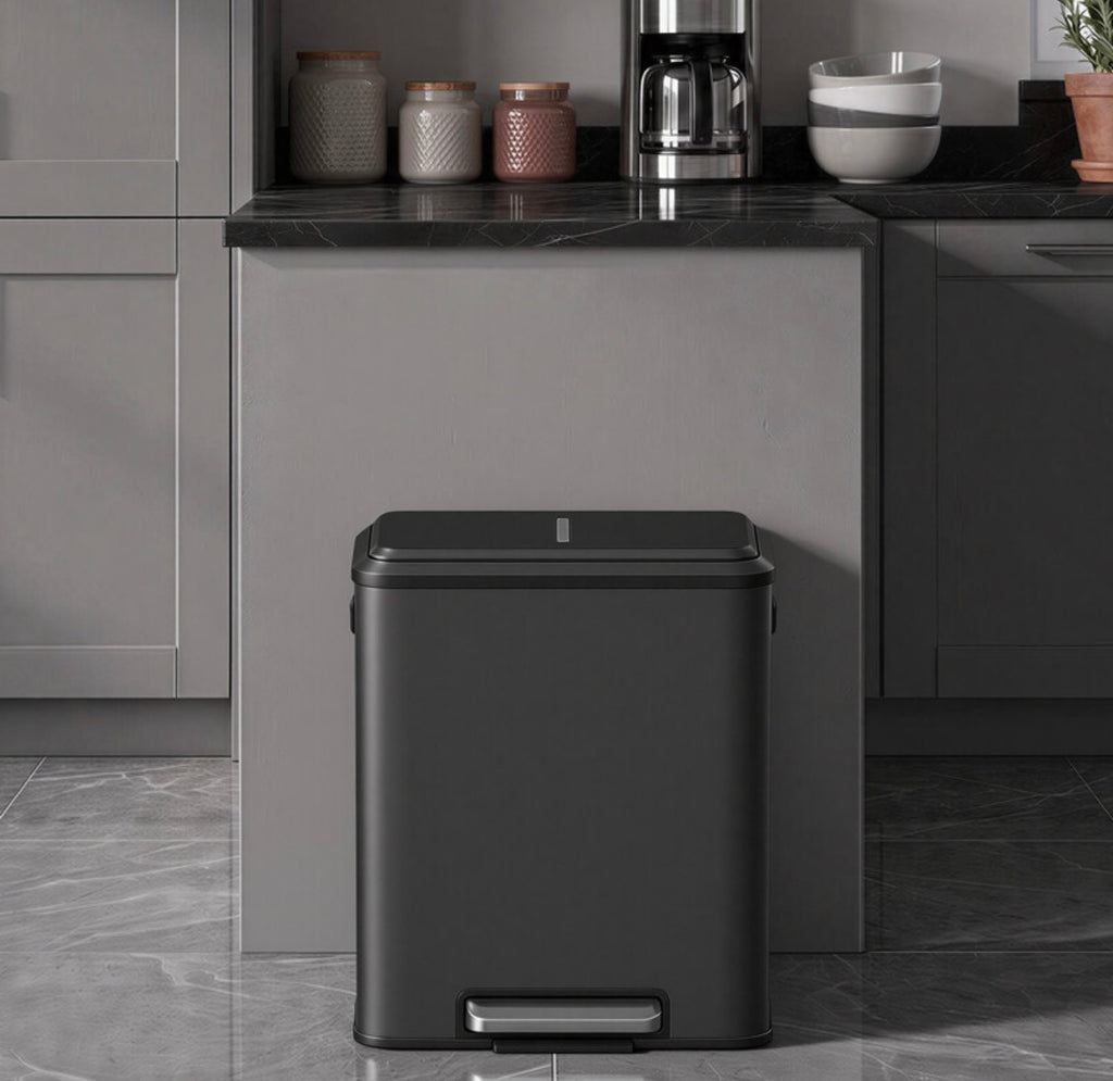 Poubelle de cuisine à 2 compartiments avec couvercle à fermeture douce, poubelle de recyclage en acier avec seaux intérieurs et pédale large, noir