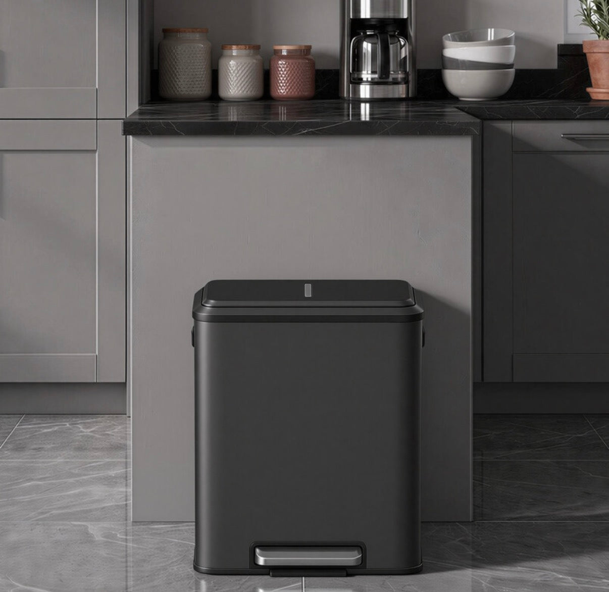 Poubelle de cuisine à 2 compartiments avec couvercle à fermeture douce, poubelle de recyclage en acier avec seaux intérieurs et pédale large, noir