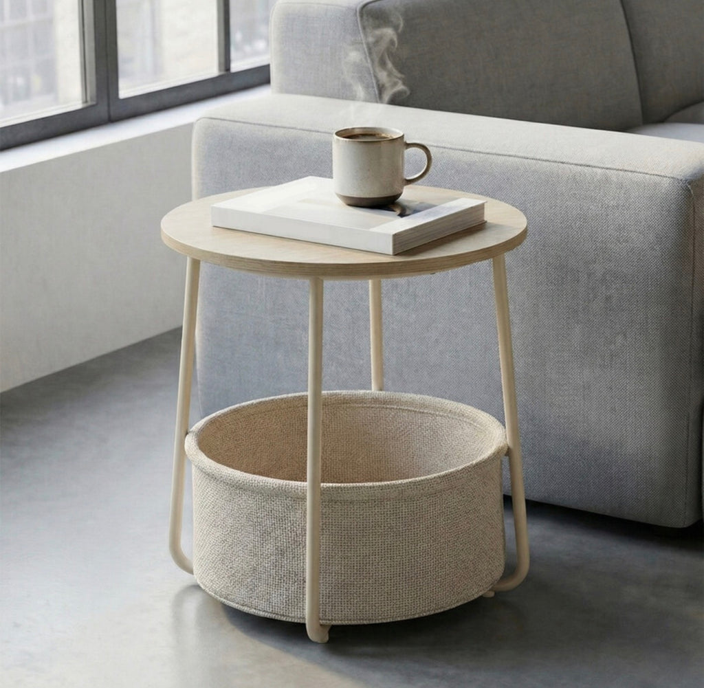 Table d'appoint ronde
45 x 50 cm avec panier en tissu, pieds en acier, Beige naturel