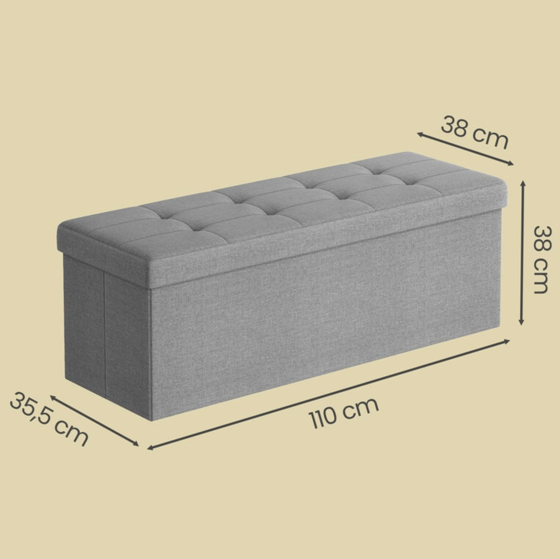 Banc de Rangement
Pliable, Longueur 110 cm, Montage Facile, pour Salon, Chambre, Entrée, Gris Clair