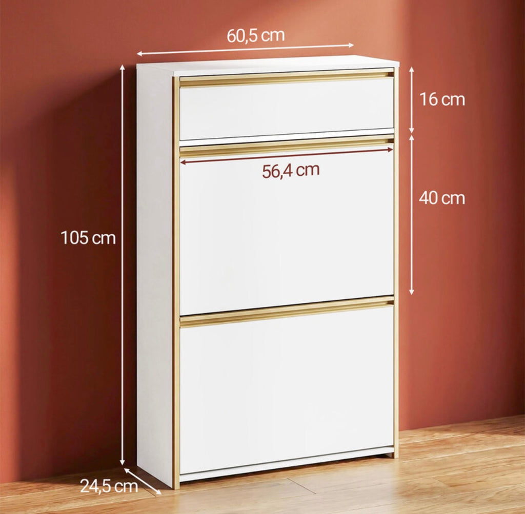 Meuble à chaussures étroit avec 2 portes à charnières, étagère à chaussures, étagère à chaussures avec tiroir, meuble à chaussures étroit avec 4 étagères, réglable, pour couloirs et entrées, 60 x 24 x 104,5 cm, blanc et or