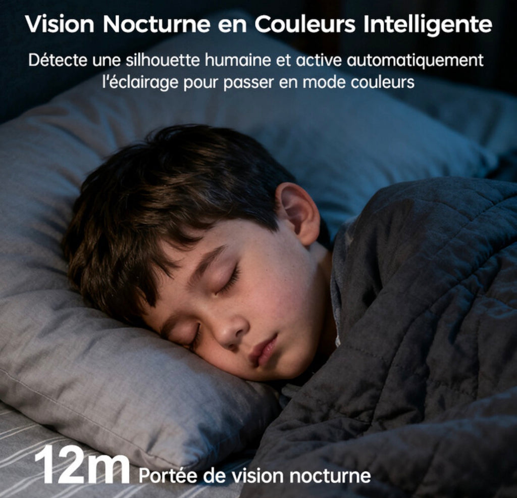 Caméra intérieure connectée avec qualité HD 2K 3MP, portée de vision nocturne de 12 m, surveillance à 360° et communication bidirectionnelle
