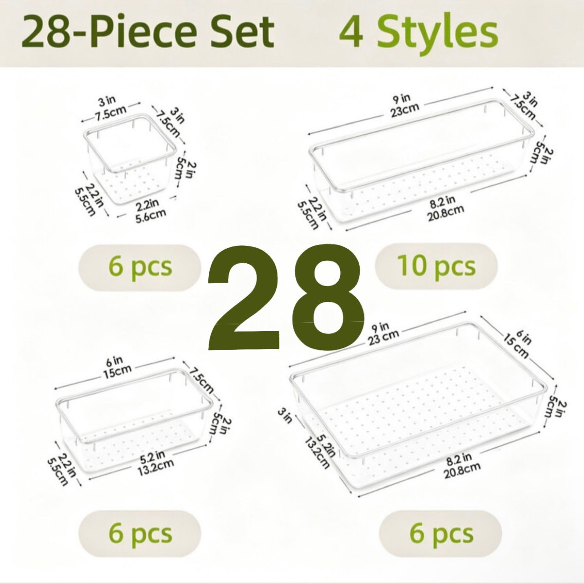 Lot de 15 ou 28 Organisateurs de Tiroirs, 4 Tailles, Boîtes Transparentes en Plastique pour Rangement de Salle de Bain, Coiffeuse, Ustensiles de Cuisine et Maquillage