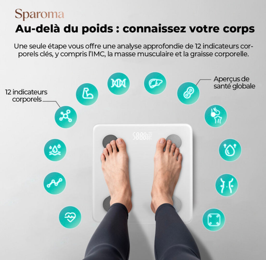 Balance impédancemètre numérique Surveillance de la masse grasse via application Bluetooth, Gestion des données de santé multi-utilisateur, Pesée haute précision, Modèle à piles