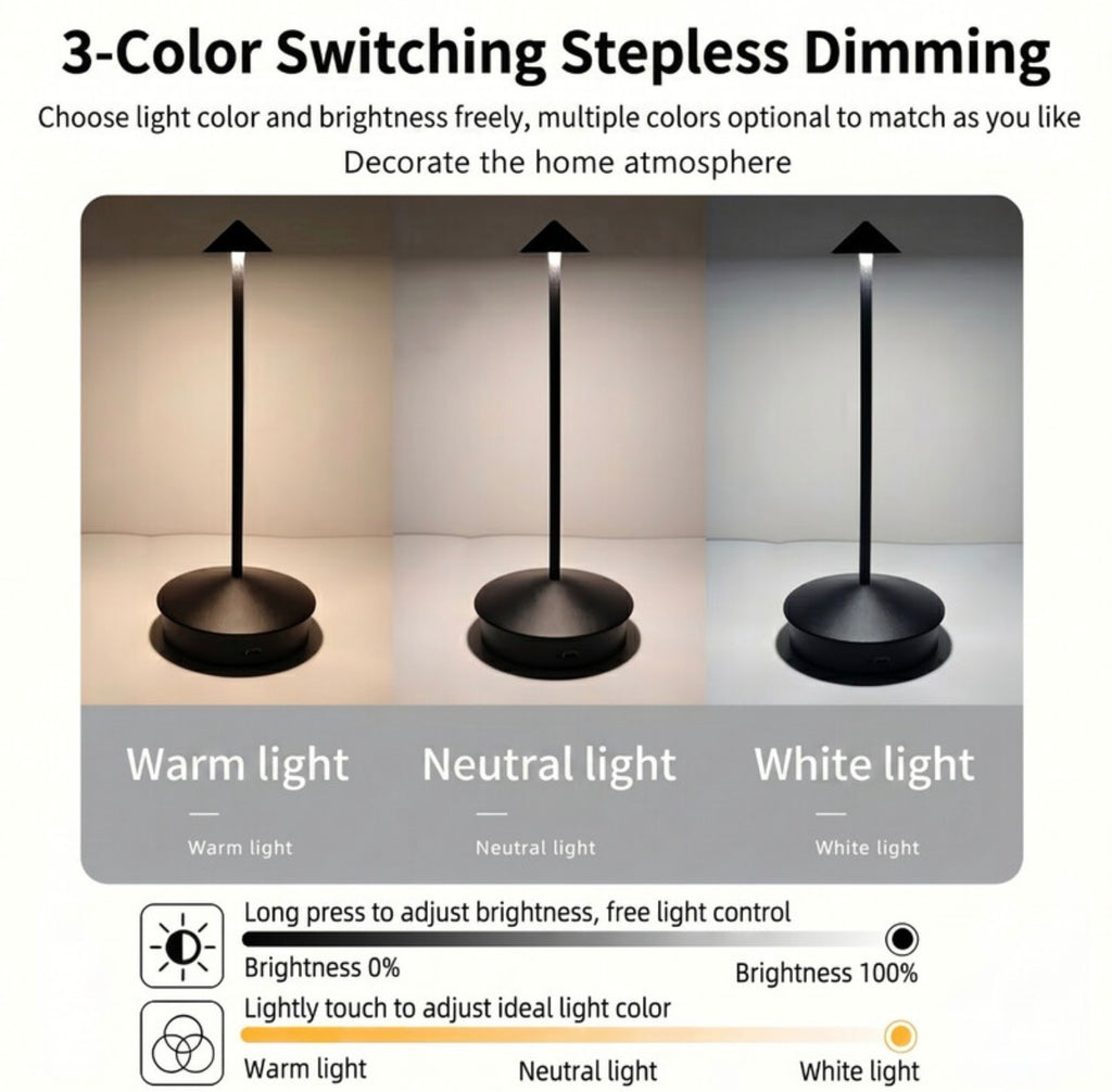 Lampe de table rechargeable sans fil avec commandes tactiles, intérieure et extérieure, fonction d'éclairage réglable, 3000-6000 K, hauteur 29 cm, couleur noire et blanche