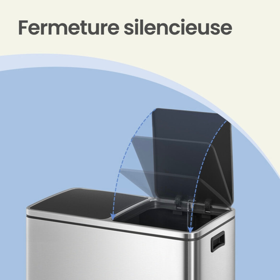 Poubelle de cuisine à 2 compartiments avec couvercles, pédaliers, seaux intérieurs en plastique, fermeture en douceur argent et noir - 2 x 30 L