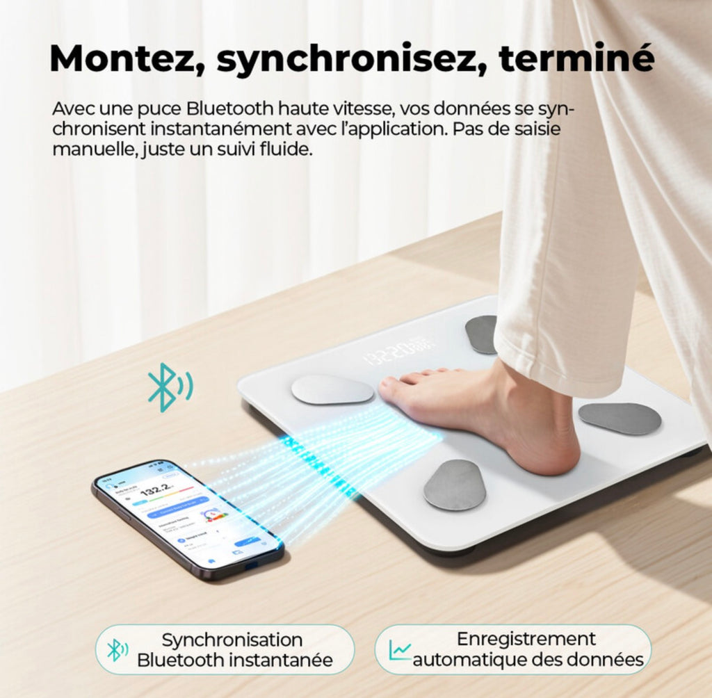 Balance impédancemètre numérique Surveillance de la masse grasse via application Bluetooth, Gestion des données de santé multi-utilisateur, Pesée haute précision, Modèle à piles