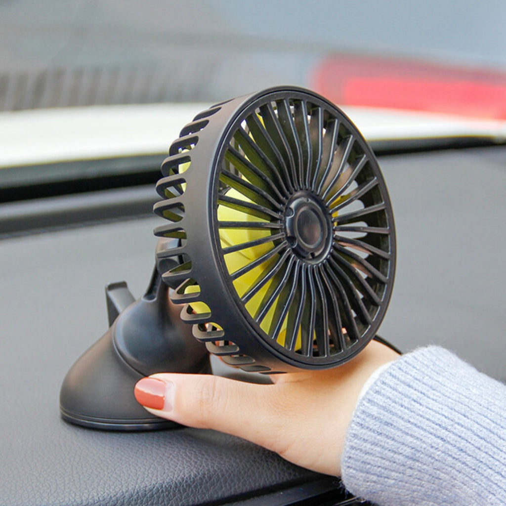 Ventilateur de voiture rotatif à 360° avec ventouse puissante, alimentation USB, 5 pales, 3 vitesses réglables, fixation tableau de bord et pare-brise