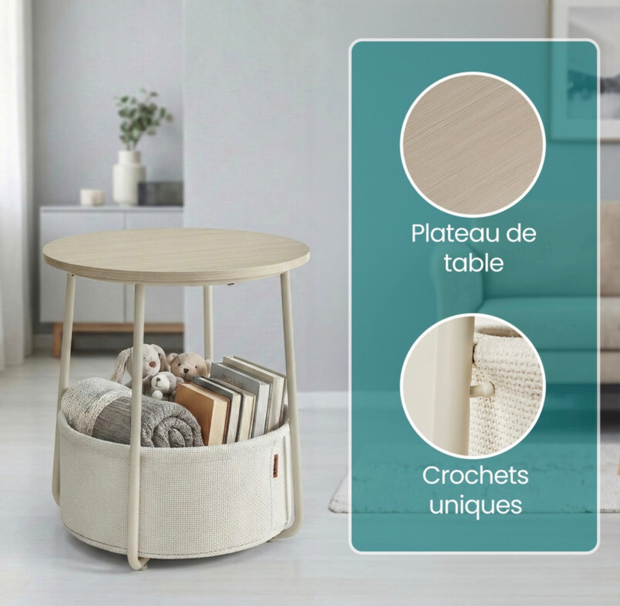 Table d'appoint ronde
45 x 50 cm avec panier en tissu, pieds en acier, Beige naturel