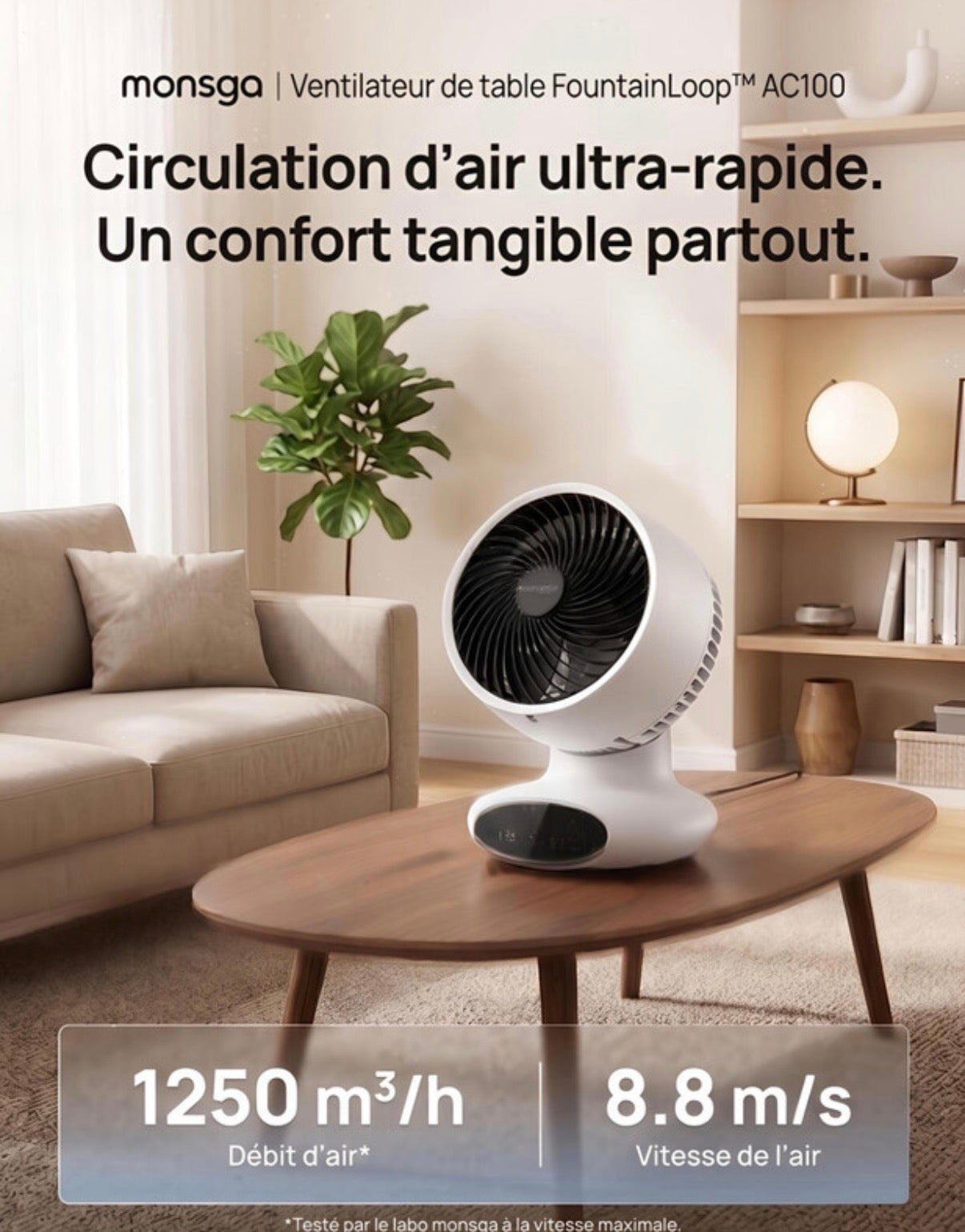 Circulateur d'air AC100, 25dB silencieux, oscillation double 90°+90°. 
5 vitesses, minuterie multiple, mode sommeil, ventilateur compact intérieur