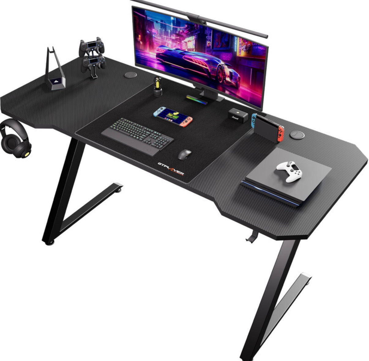 Table de jeu, bureau de jeu, 120 x 60 cm, table pour PC, table de jeu avec surface en fibre de carbone, bureau informatique robuste avec crochet pour casque, noir