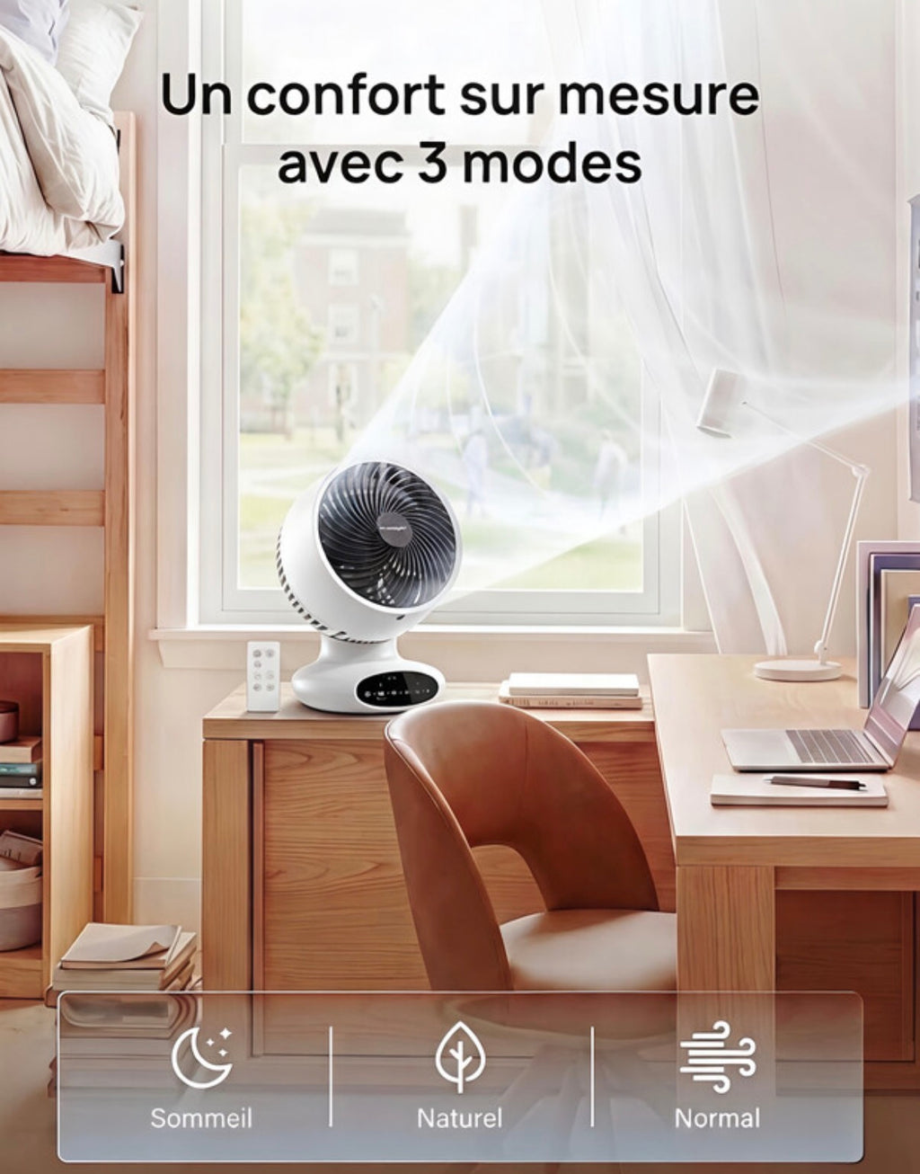 Circulateur d'air AC100, 25dB silencieux, oscillation double 90°+90°. 
5 vitesses, minuterie multiple, mode sommeil, ventilateur compact intérieur