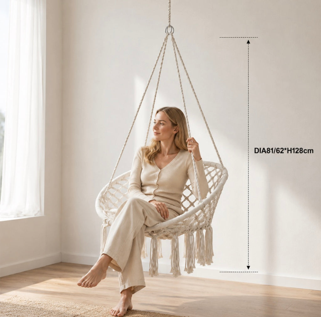 Chaise hamac suspendue avec base et dossier en corde tressée - Beige