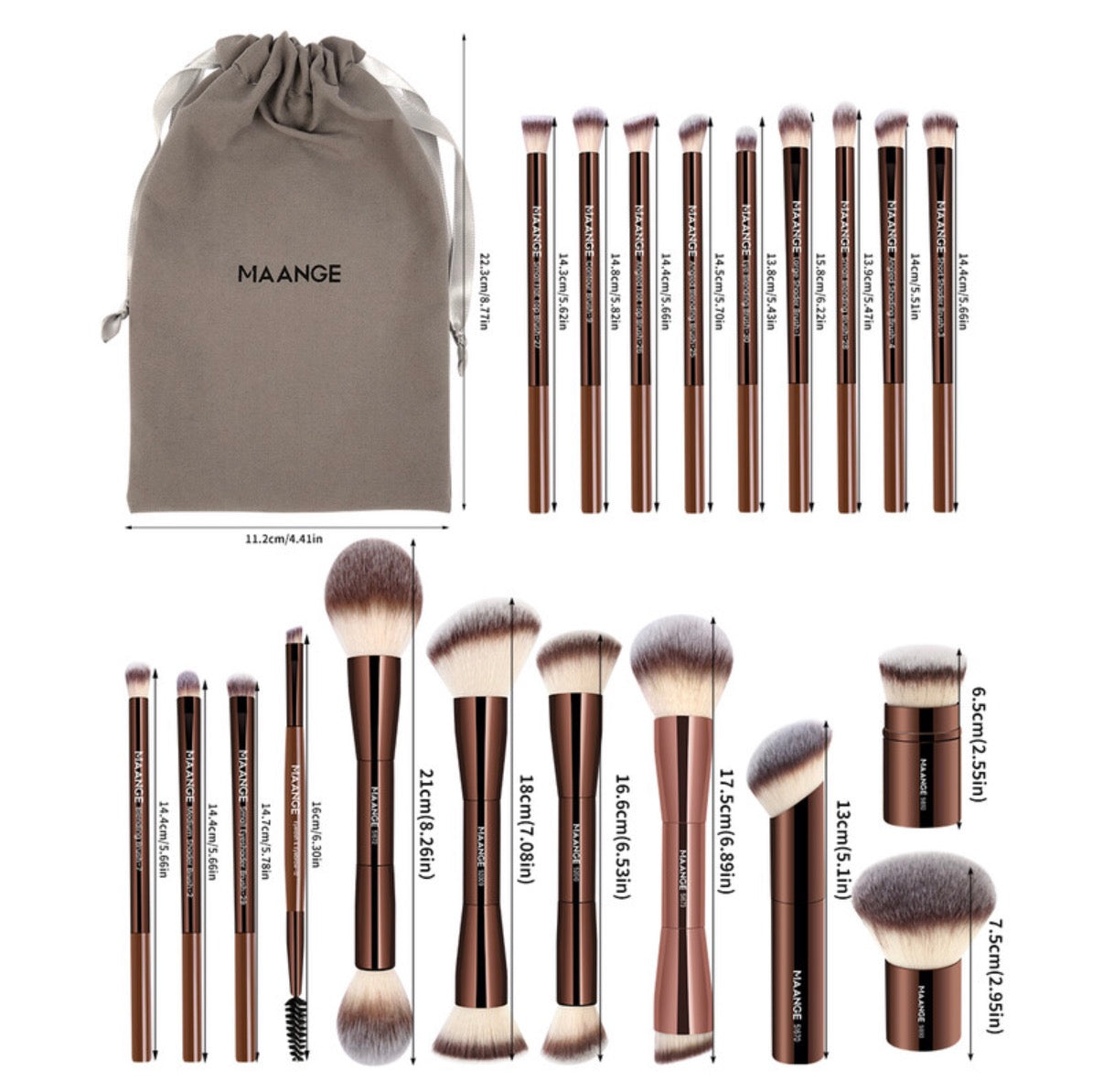 Lot de 20 pinceaux à maquillage en aluminium de qualité professionnelle avec pochette de rangement