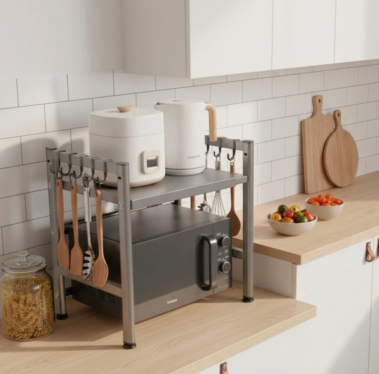 support micro-ondes à double couche extensible pour plan de cuisine, rangement ustensiles de cuisine et vaisselle, support de plan de travail en acier au carbone pour micro-ondes, avec 5 crochets