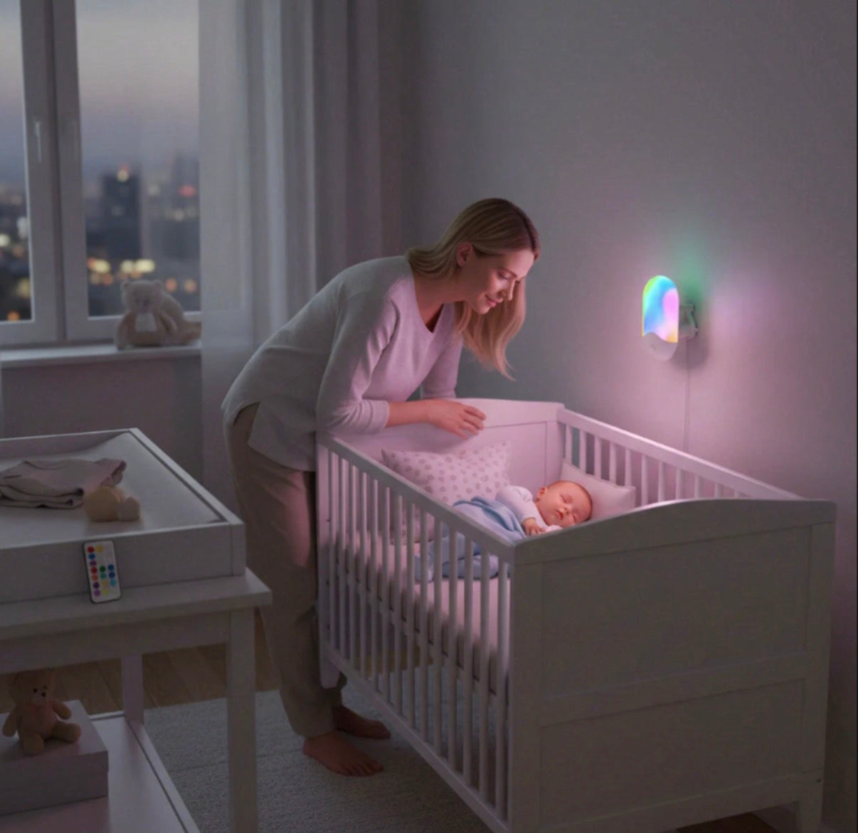 Veilleuse RGB télécommandée, 7 couleurs, SMD LED, 0,5 W, 110-220 V, ABS + métal, fonction de minuterie, pour chambre