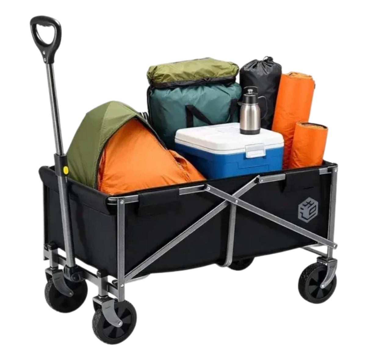 Chariot de Camping Pliable 75L Noir, Charge 100kg, Capacité de Stockage 150L, Tissu Oxford 600D Résistant, Roues Multidirectionnelles, Camping Pique-nique Course