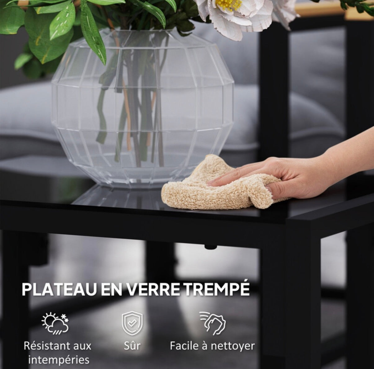 Salon de jardin extérieur 4 personnes, 4 pièces avec canapé, 2 fauteuils et table basse en verre trempé, coussins inclus, mobilier de jardin patio balcon terrasse