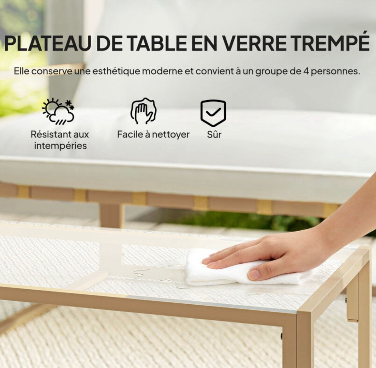 Salon de jardin extérieur 4 pièces avec coussins ultra-épais 15cm - ensemble mobilier de jardin et salon bas pour terrasse
- canapé 2 places avec table basse et 2 fauteuils, cadre acier kaki