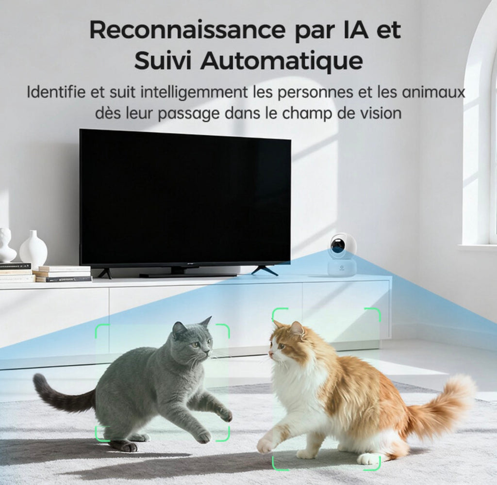 Caméra intérieure connectée avec qualité HD 2K 3MP, portée de vision nocturne de 12 m, surveillance à 360° et communication bidirectionnelle