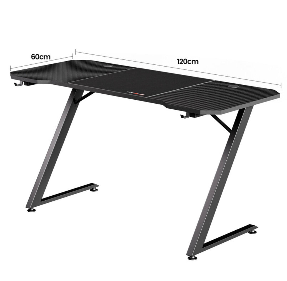 Table de jeu, bureau de jeu, 120 x 60 cm, table pour PC, table de jeu avec surface en fibre de carbone, bureau informatique robuste avec crochet pour casque, noir