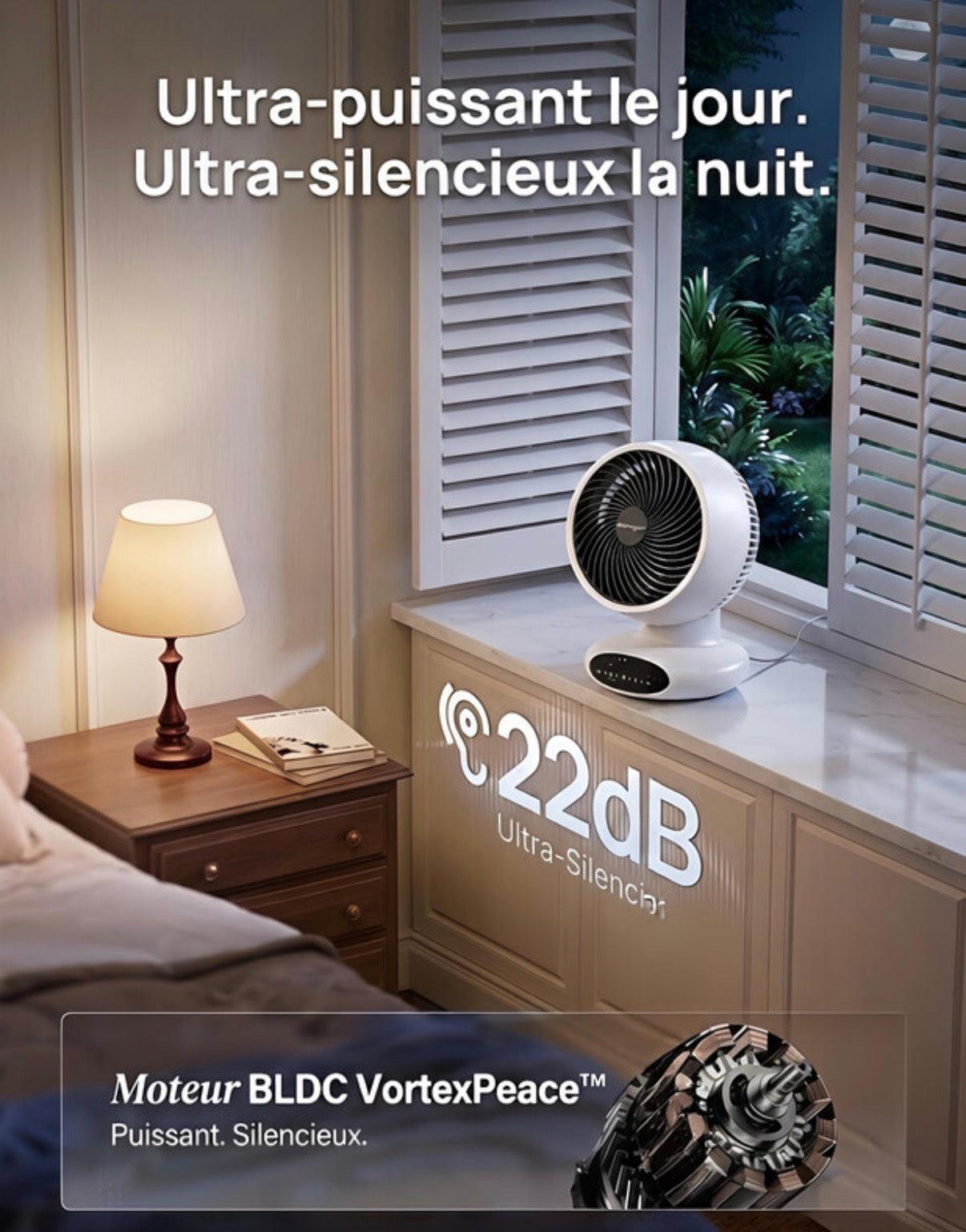 Circulateur d'air AC100, 25dB silencieux, oscillation double 90°+90°. 
5 vitesses, minuterie multiple, mode sommeil, ventilateur compact intérieur