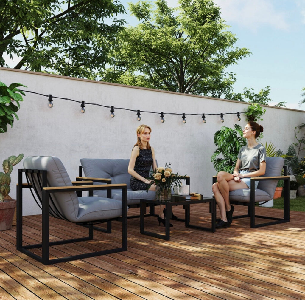 Salon de jardin extérieur 4 personnes, 4 pièces avec canapé, 2 fauteuils et table basse en verre trempé, coussins inclus, mobilier de jardin patio balcon terrasse
