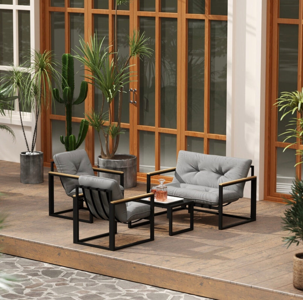 Salon de jardin extérieur 4 personnes, 4 pièces avec canapé, 2 fauteuils et table basse en verre trempé, coussins inclus, mobilier de jardin patio balcon terrasse