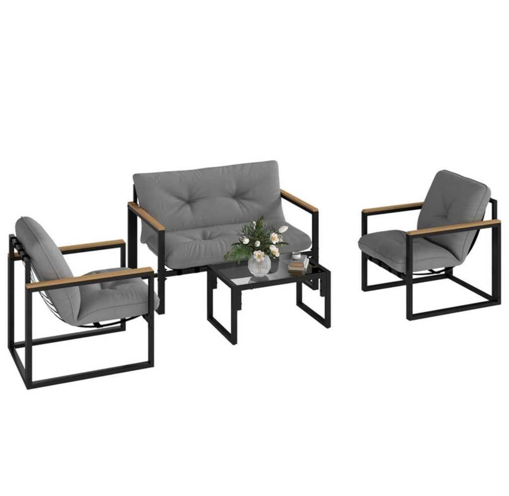 Salon de jardin extérieur 4 personnes, 4 pièces avec canapé, 2 fauteuils et table basse en verre trempé, coussins inclus, mobilier de jardin patio balcon terrasse