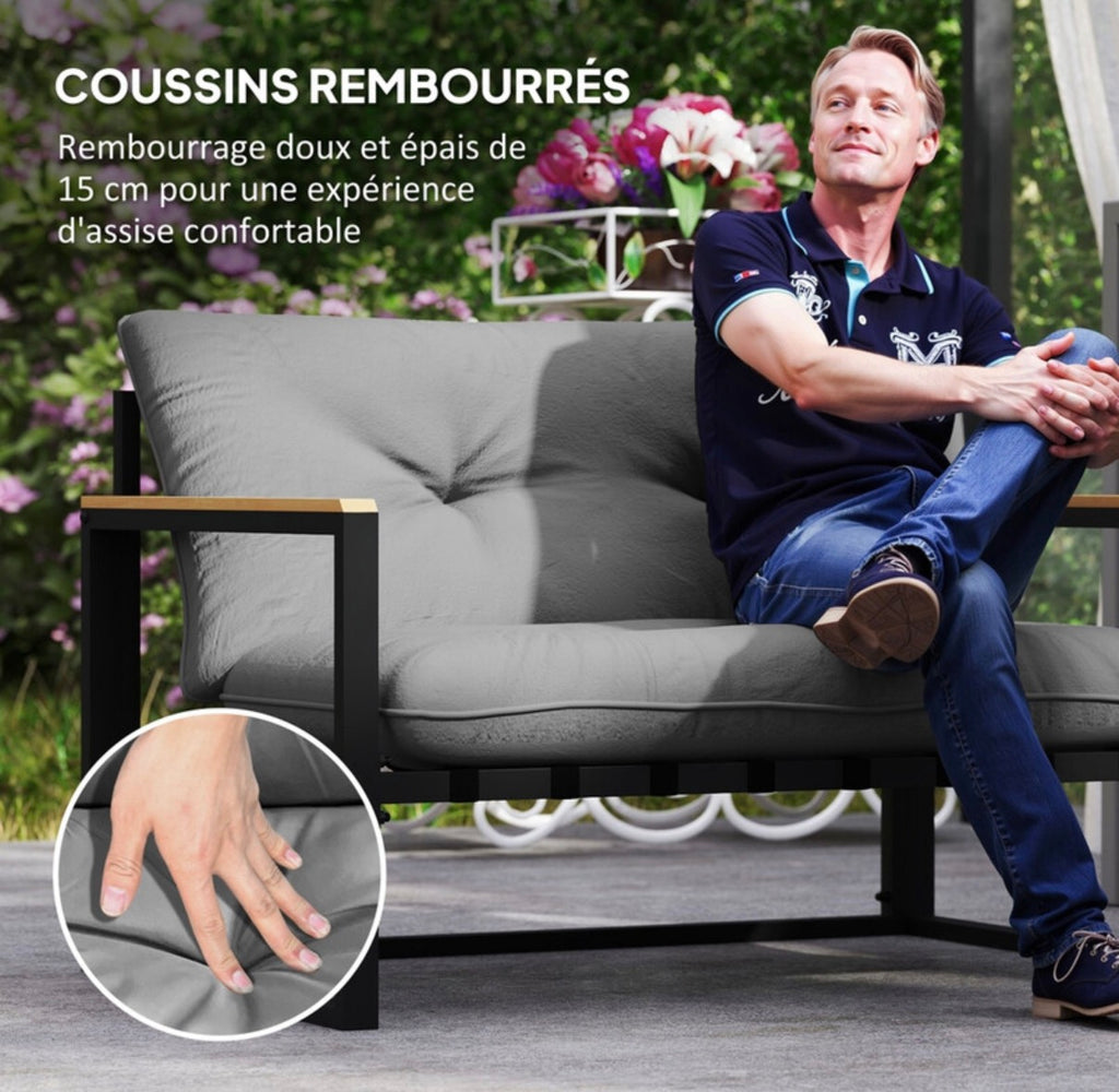 Salon de jardin extérieur 4 personnes, 4 pièces avec canapé, 2 fauteuils et table basse en verre trempé, coussins inclus, mobilier de jardin patio balcon terrasse